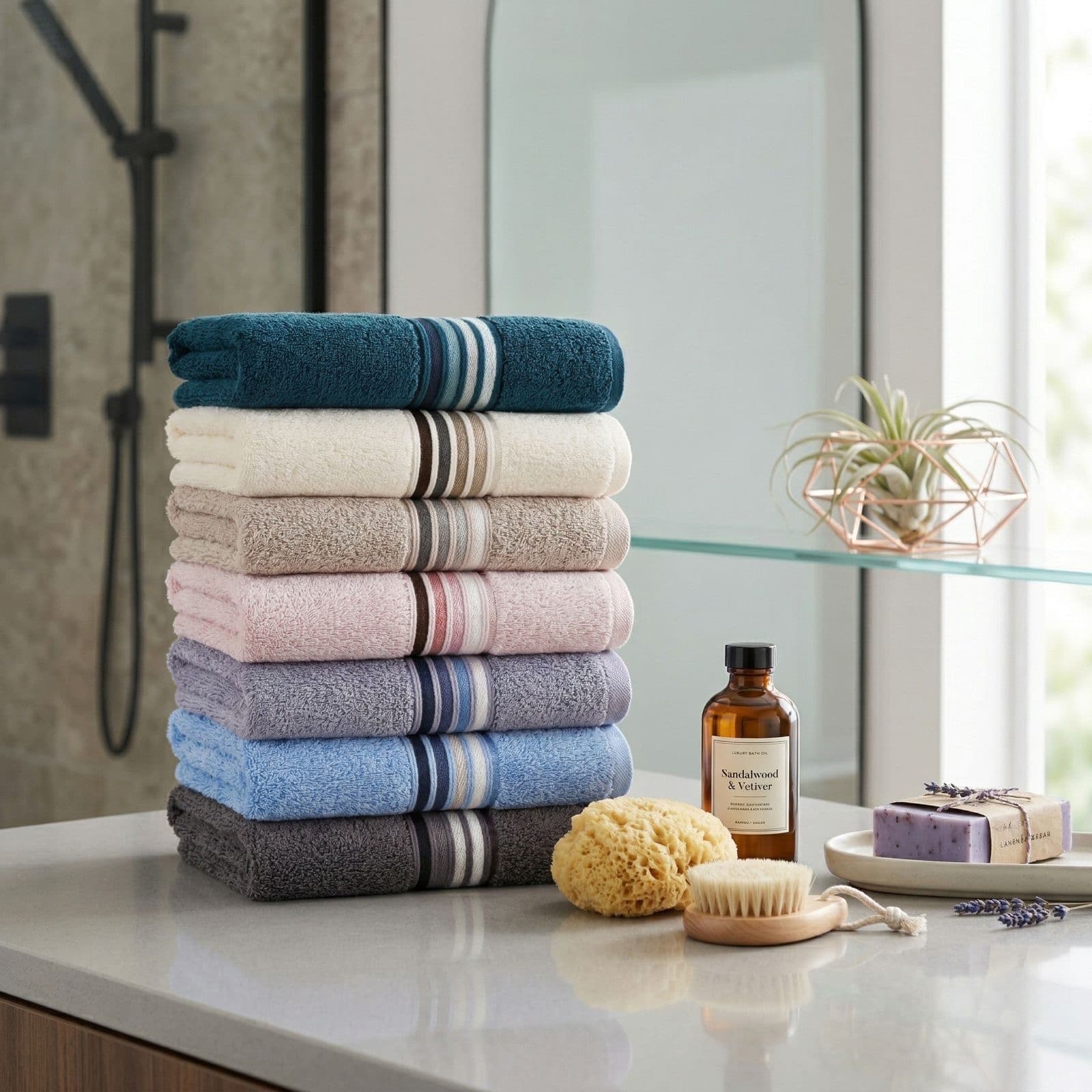 Folded striped towels arranged on a bathroom vanity beside bath accessories
