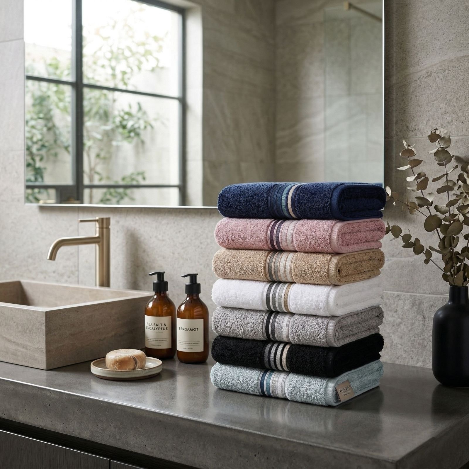 House of Linen striped towels stacked on a stone bathroom vanity