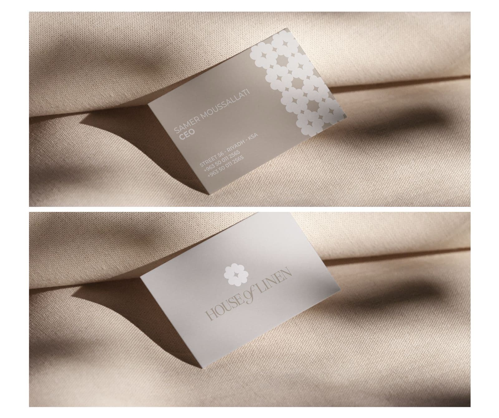House of Linen business card on neutral fabric