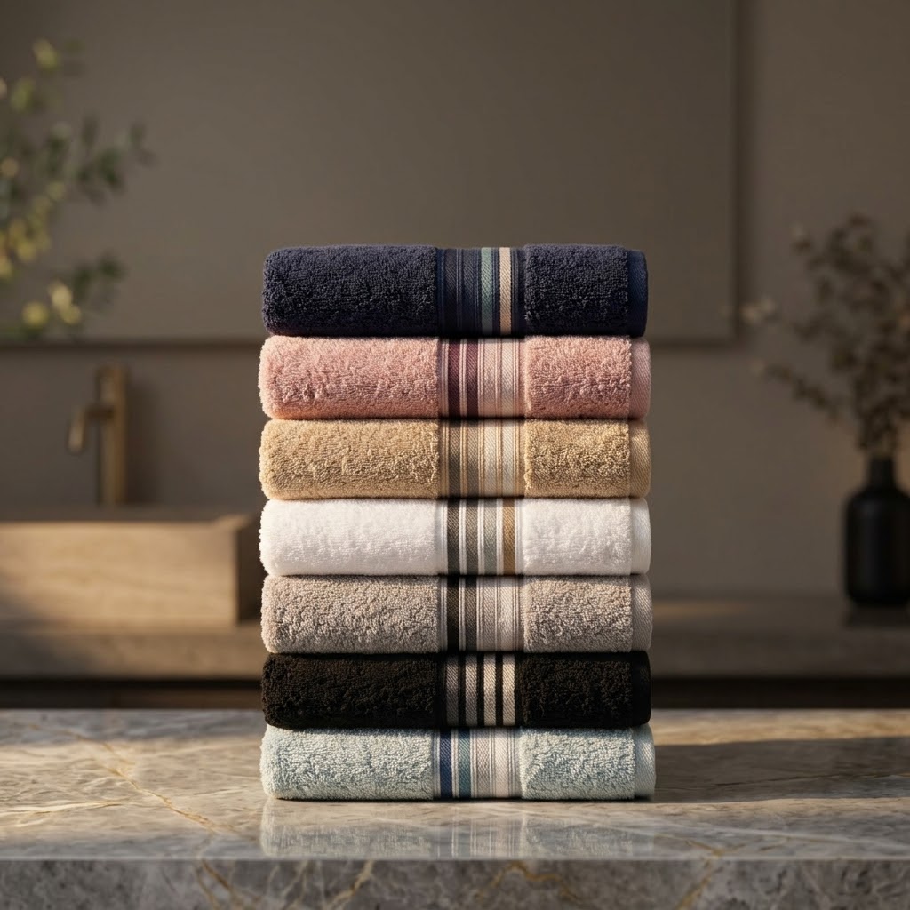 Seven House of Linen towels stacked, each finished with a distinct woven stripe border in navy, blush, sand, cream, grey, black, and seafoam.