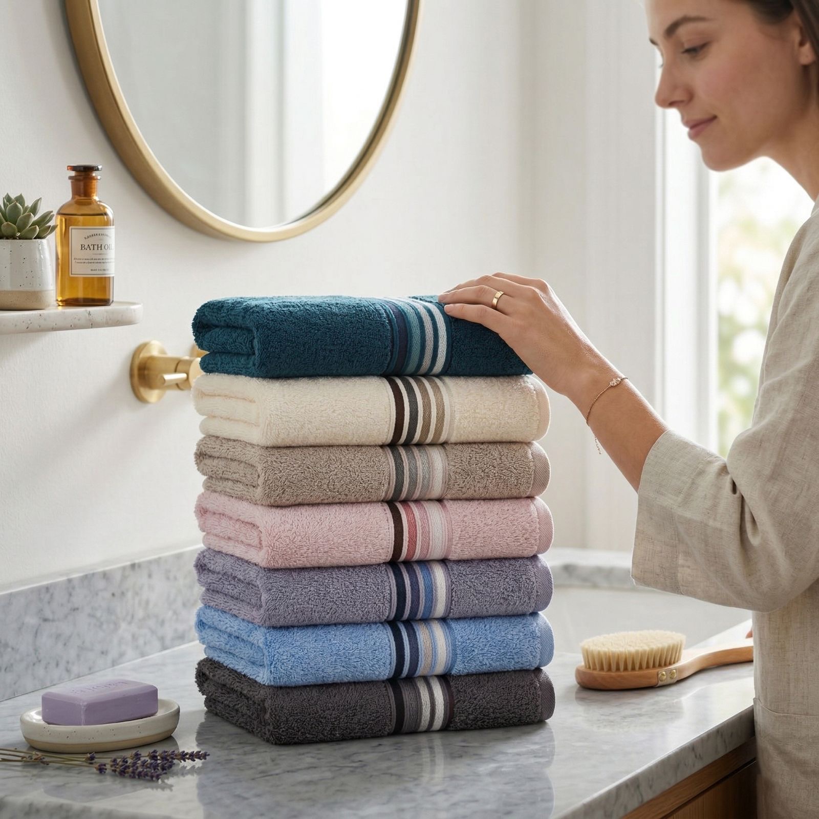 A guest selecting a folded House of Linen towel from a stack on a bathroom vanity.